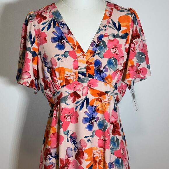 NWT MSK Flutter Sleeve V-Neck Multi Floral Print Chiffon Dress Womens Size Small - Picture 6 of 16